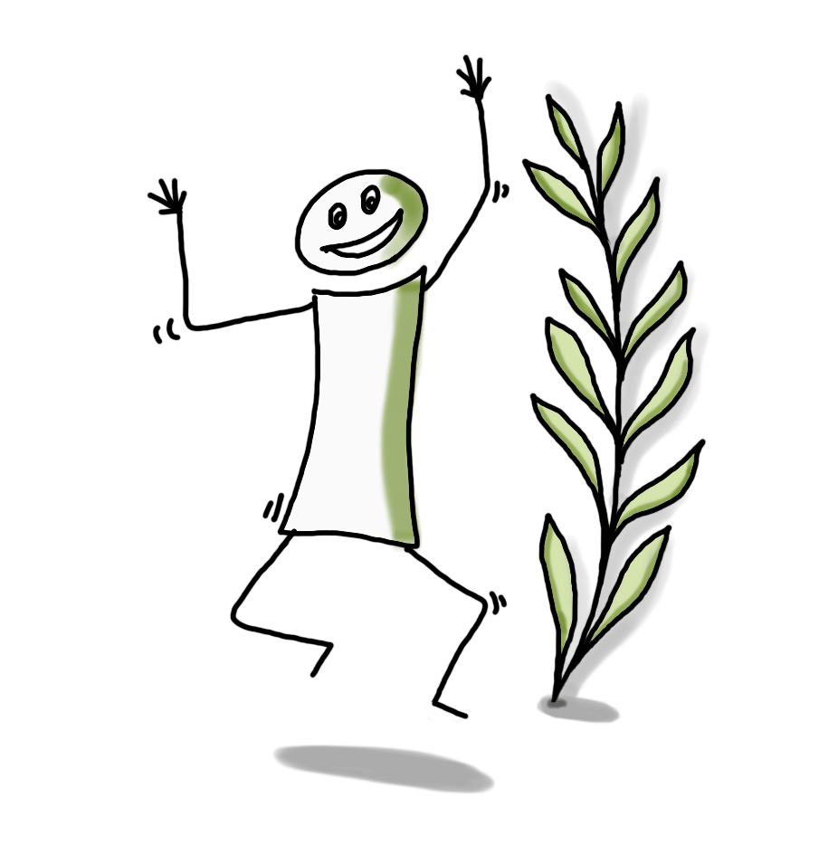 een getekend poppetje die danst/springt met de handen in de lucht met een plant ernaast