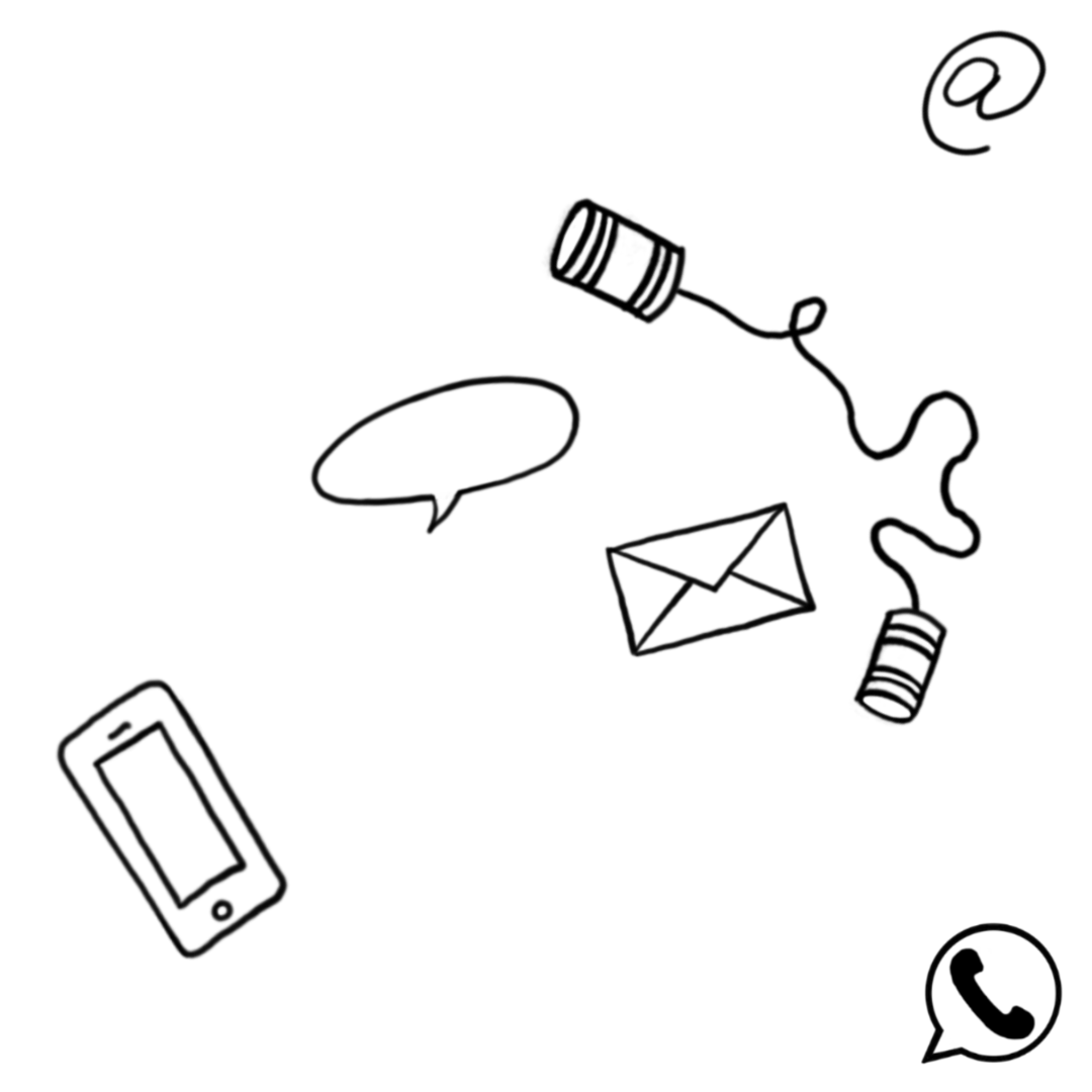 tekeningetjes van een telefoon, ene tekstballon, een envelop, een whatsapp icon, een apenstaartje een blik-touw-blik